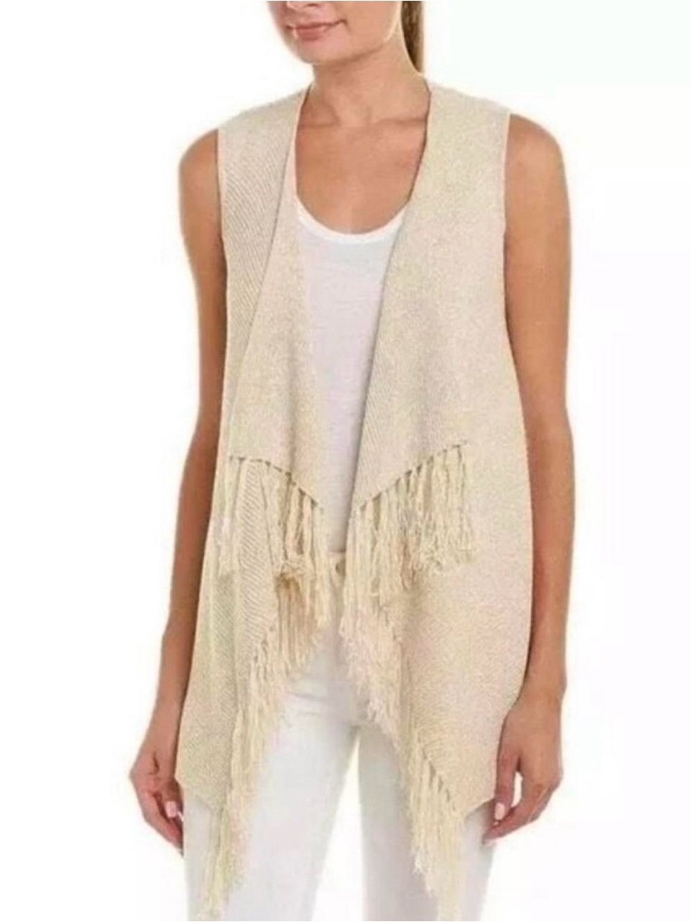 Lilly Pulitzer Andella Open Front Fringe Sweater Vest Cream Metallic Medium